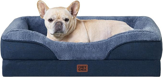 EHEYCIGA Memory Foam Dog Bed for Medium Size, Orthopedic Dog Sofa with Sides and Waterproof Liner, Washable Bolster Pet Couch with Removable Cover, 30x20x6.5 Inch, Navy-PurrikoPets