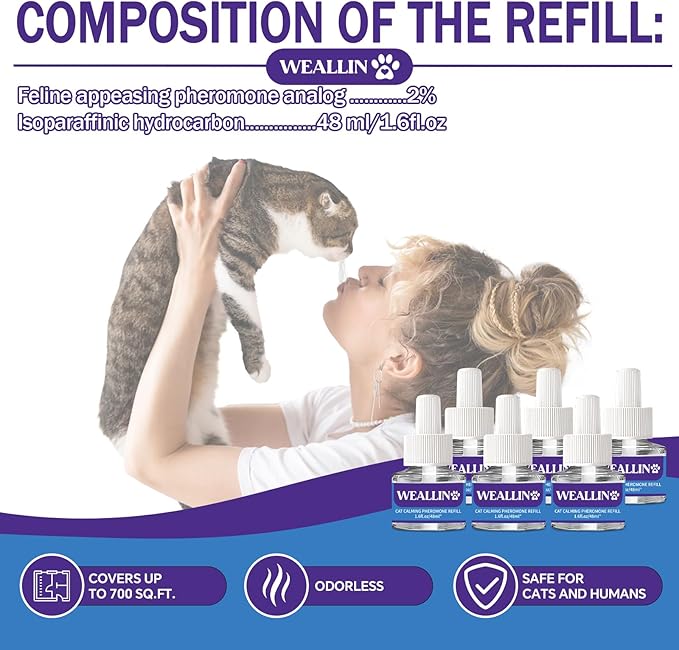6 Pack Cat Calming Diffuser Refills - Cat Pheromones Calming Diffuser Refill Relieve Anxiety & Stress 6 Month Supply, Cat Pheromone Diffuser Refills (Fits All Common Diffuser Heads)-PurrikoPets