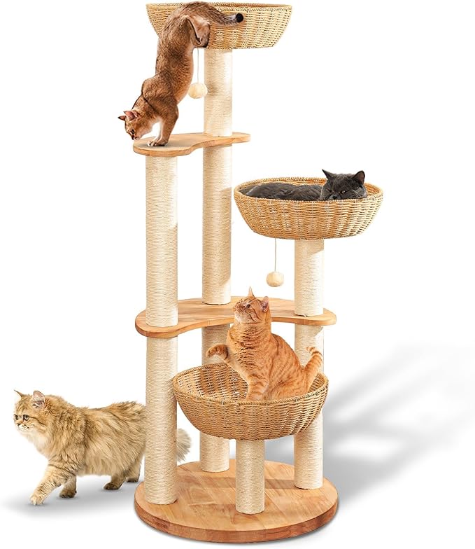 54" Modern Cat Tree Tower for Indoor Cats, Oak Cat Scratching Tree for Multiple Large Cats, Manual Hand Woven Luxury Cat Condo, Unique High-end Design Cat Furniture Activity Centre, Easy Clean-PurrikoPets