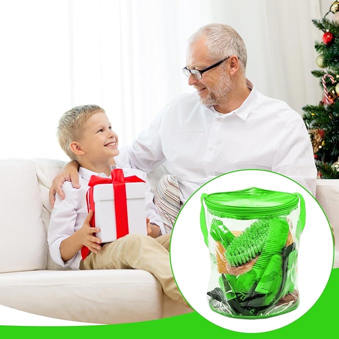 9 Pieces Horse Grooming Kit Tack Room Supplies Set with Organizer Tote Bag, Oval Massage Curry, Hard and Soft Brush, Hoof Pick, Sweat Scraper, Bathing Sponge, Combs for Horse Riders Beginners (Green)-PurrikoPets