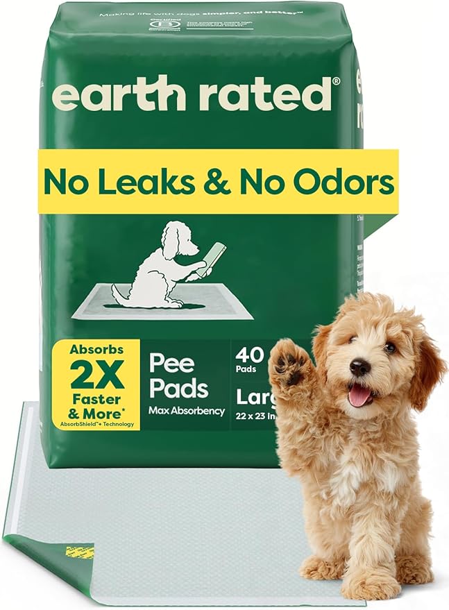 Earth Rated Max Absorbency Puppy Pee Pads for Dogs Absorbs 2X Faster & 2X More, Leak-Proof Odor-Free Potty Training Wee Wee Pad, Unscented, Large, 22” x 23”, 40 Count-PurrikoPets