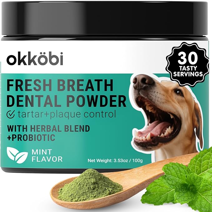 Dog Teeth Cleaning Powder - Dog Breath Freshener + Dental Care for Doggies & Cats + Tartar Remover for Teeth with Natural Ingredients + Probiotics Blend (Mint - 100g)-PurrikoPets