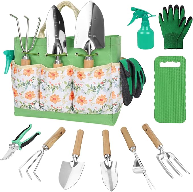 Gardening Tools 10-Piece Heavy Duty Stainless Steel Hand Tools with Durable Garden Tools Storage Tote,Rust-Proof Garden Tool Set, Ideal Gardening Gifts for Women Yellow Floral Pattern Design-PurrikoPets