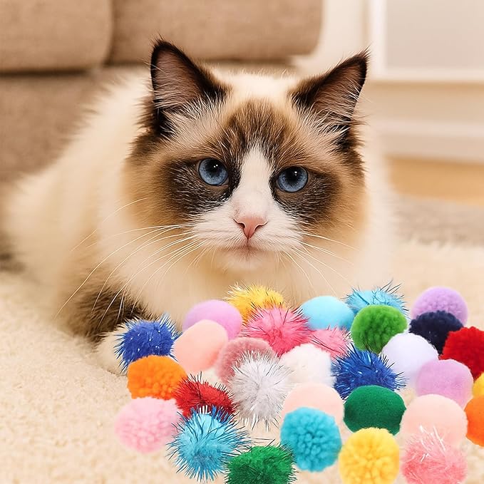 30 Pcs Cat Pom Pom Balls Assorted Color Sparkle Ball for Indoor Cats, Interactive Cats Toys Fuzzy Cat Balls Tinsel Glitter Chase Poms Poms Ball for Exercise and Entertainment-PurrikoPets