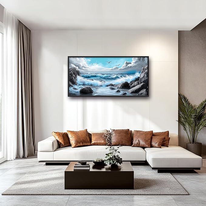 Extra Large Framed Abstract Sea Ocean Wall Art,Black and White Wall Decor, Coastal Seashore Pictures for Living Room,Canvas Print Painting Modern Artwork Bedroom Office Bathroom 60L x 30W-PurrikoPets