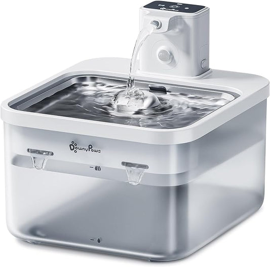 DownyPaws Battery Operated Cat Water Fountain Stainless Steel, 84oz/2.5L Fursink Wireless Pet Water Fountain for Cats Inside, Automatic Dog Water Dispenser with Faucet, Quiet Pump, BPA-Free, White-PurrikoPets