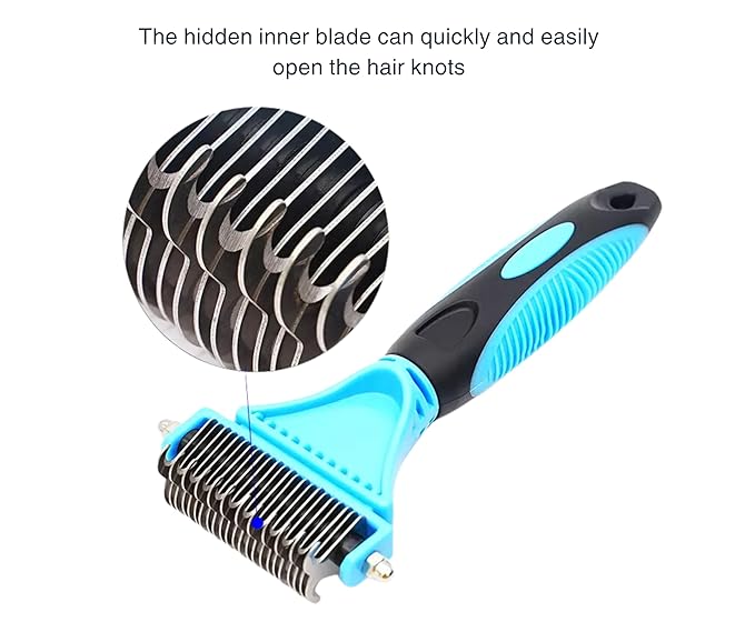 3-in 1 Dog & Cat Grooming Supplies- Self-cleaning Slicker Brush, Deshedding Rake Comb, And Finger Toothbrush For Dogs & Cats | Perfect For Pet Grooming Kit, Dematting And Dental Tool (blue)-PurrikoPets