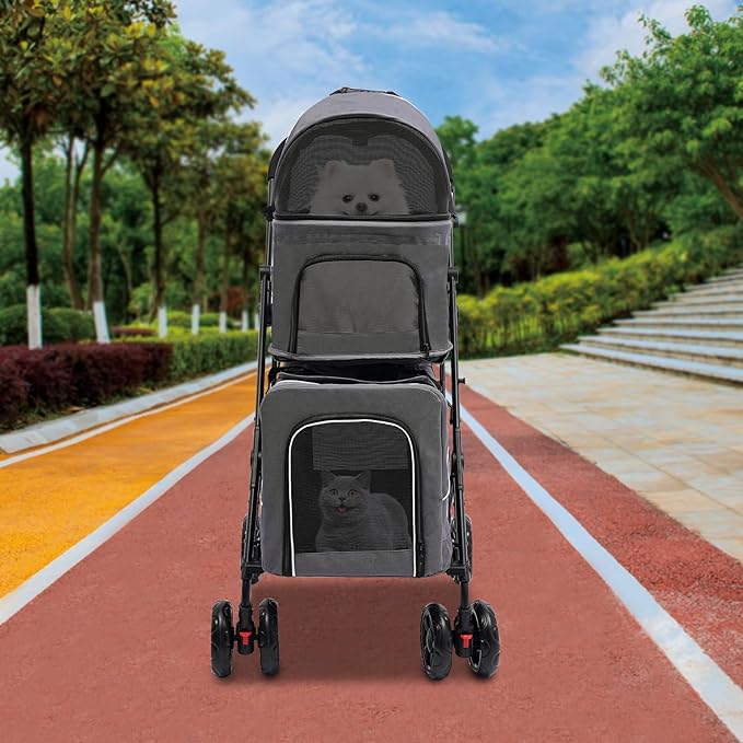 2 Tiers Pet Stroller,4 Wheel Dog Stroller Cat Strollers,3.07lbs Pet Gear Foldable Jogger Travel Cart,Grey Cat Carrying Cart with Storage Basket for Small Medium Pet (Grey)-PurrikoPets