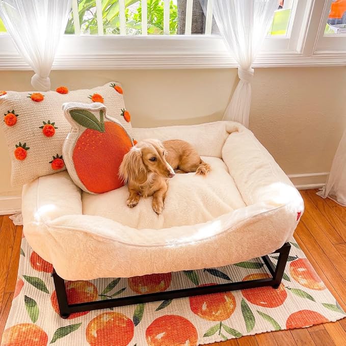 FUZI Luxury Aesthetic Dog Bed for Medium Dogs with Washable Cover, Pet Couch, Pet Bed with Sides, Non-Slip Bottom, Soft and Durable Calming Dog Bed, Faux Rabbit Fur, Medium 31.75x23.6x9.5 Soft White-PurrikoPets