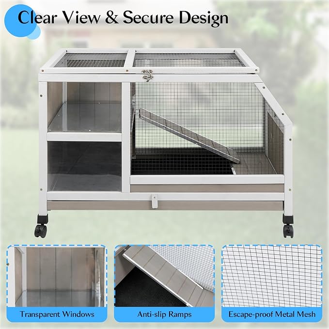 36''L Rabbit Hutch Outdoor with Casters and Run, Wooden Indoor 2 Story Guinea Pig Cage with Divider Panel, Pull Out Tray, Rabbit Duck Bunny House for Small to Medium Animals and Pet Lover, Gray-PurrikoPets