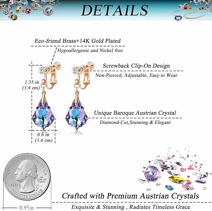 Austrian Crystal Baroque Drop Clip On Dangle Earrings for Women Non Pierced 14K Rose Gold Plated Hypoallergenic Jewelry