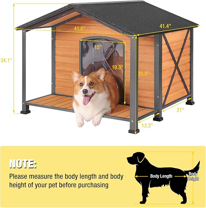Aivituvin Outdoor Dog House with Chewproof Strong Metal Frame Outside Dog Kennel Weatherproof for Medium to Large Dogs, (41.5" L x 41.4" D x 34.1" H)-PurrikoPets