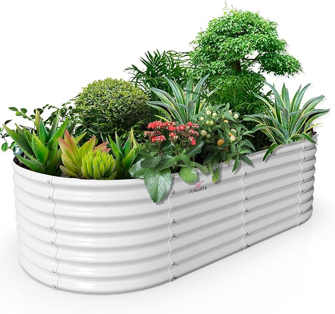 A ANLEOLIFE 8x4x2ft Galvanized Raised Garden Bed Kit, Oval Metal Deep Root Planters for Outdoor Plants Vegetables Flowers Herb, Large Bottomless, 478 Gallon Capacity- Antique White-PurrikoPets