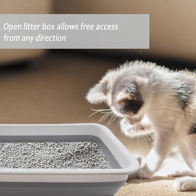 2 Pack Collapsible Small Cat Litter Box, Open Kitten Litter Potty Pan Low Entry Pet Kitty Toilet Foldable Waterproof Travel Toilet for Sick Frail Kitty 14.6 x 10.6 x 4.8 inches Grey-PurrikoPets