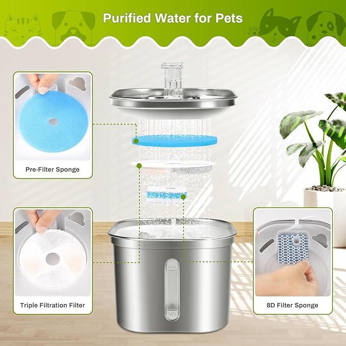 10 Set Cat Water Fountain Filter Replacement for Square 2.2L/73oz Stainless Steel Cat Fountain, ZEKIRY Pet Fountain Filter, Triple Filtration Replacement Filters(10 Filter, 10 Sponge, 10 8D Sponge)-PurrikoPets