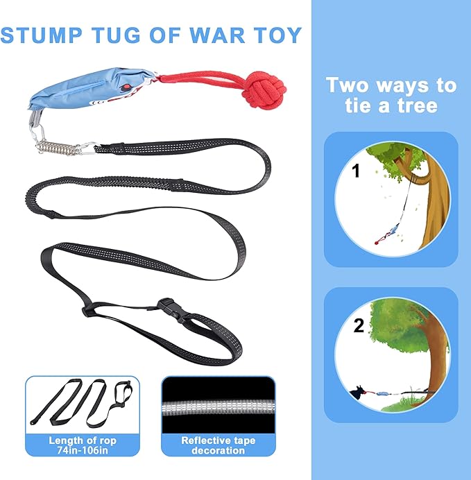 Dog Tree Tug of War Toy with Handles,Tethered Tug of War Outdoor Toy with Squeaky Self Play for Aggressive Chewers, Durable Bungee Cord with Chew Ball-PurrikoPets