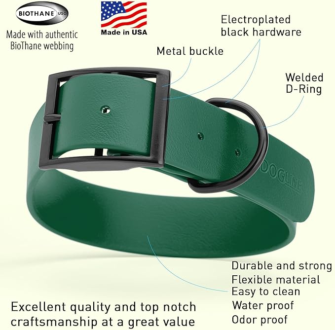 Dogline Biothane Waterproof Dog Collar Strong Coated Nylon Webbing with Black Hardware Odor- Proof for Easy Care Easy to Clean High Performance Fits Small Medium or Large Dogs, Hunter Green-PurrikoPets