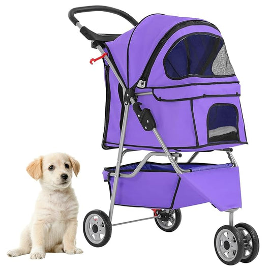 Foldable Pet Stroller,Dog Stroller with 3 Wheel,Pet Strolling Cart,Dog Travel Carrier with Storage Basket and Cup Holder for Dog Puppy,Purple-PurrikoPets