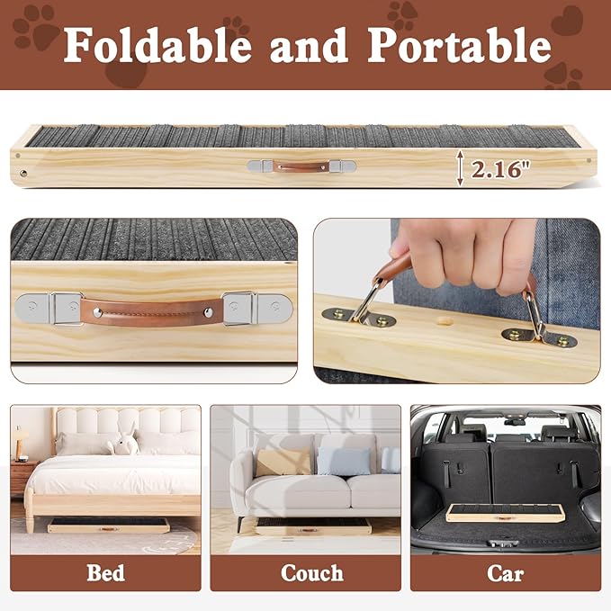 Dog Ramp for Bed, Couch, Car, Folding Pet Ramps 44.48" Long Adjustable 15"-22" Wooden Stairs with High Traction Mat & Safety Side Rails for Small & Medium Old Dogs & Cats, up to 200 lbs-PurrikoPets