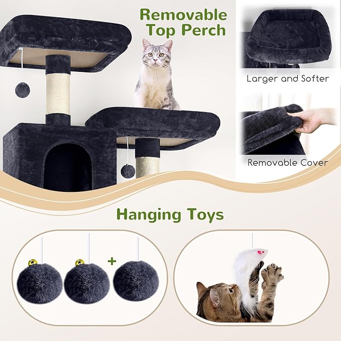 Globlazer Cat Tree Tower, 76-Inch Extra Tall Multi-Level Cat Furniture with Cozy Condos, Hammock and Perches for Adult Cats, Perfect for Climbing, Scratching, and Play, F76, Dark Grey-PurrikoPets
