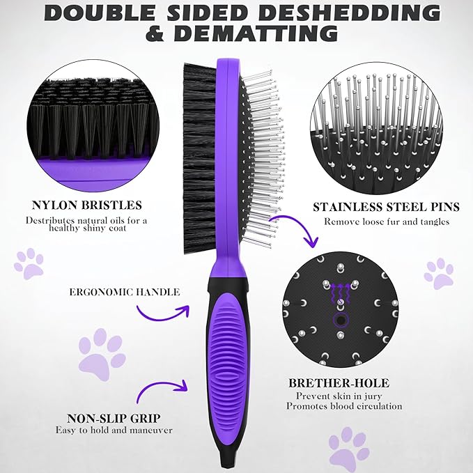 2PCS Pet Grooming Tools - Double-Sided Brush for Shedding and Bathing, Suitable for Short/Long Haired Dogs Cats and Horses, Deshedding Dog Brush, Mane & Tail Combs for Horses - Pet Supplies (Purple)-PurrikoPets