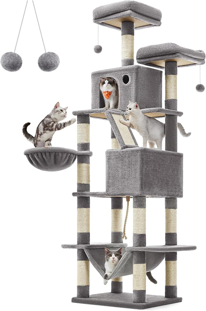 Feandrea Cat Tree, 81.1-Inch Large Cat Tower with 13 Scratching Posts, 2 Perches, 2 Caves, Basket, Hammock, Pompoms, Multi-Level Plush Cat Condo for Indoor Cats, Light Gray UPCT190W01-PurrikoPets