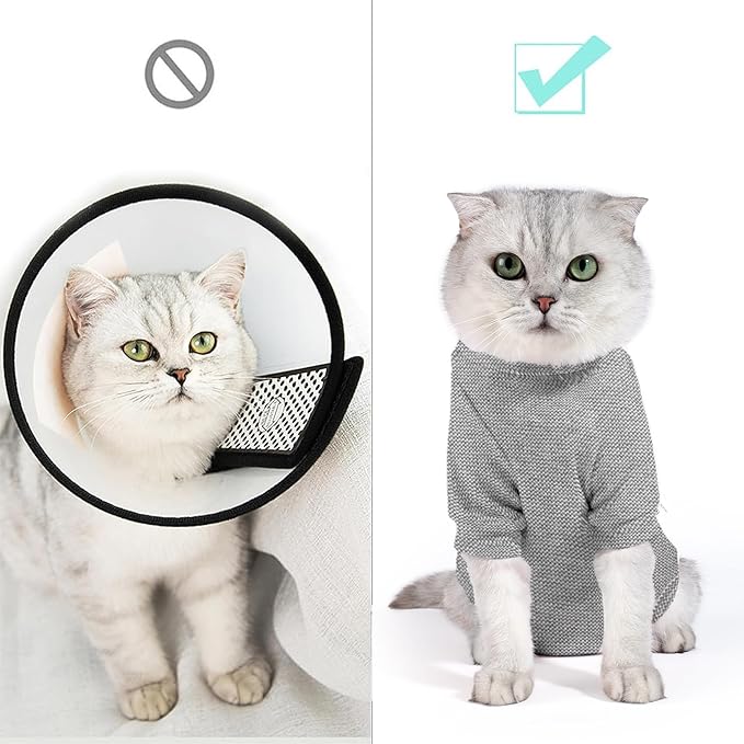 Dotoner Cat Surgery Recovery Suit for Female Male Anti-Licking Pet Surgical Pajamas Long Sleeve Prevent Shedding Cat Spay Recovery Suit&E Collar Alternative Bodysuit for Cats-PurrikoPets