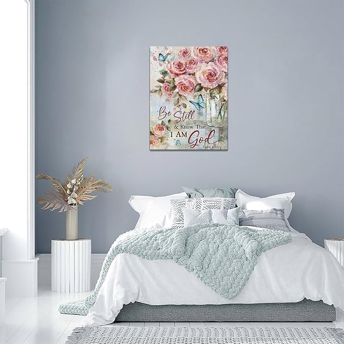 Farmhouse Rose Wall Art Christian Scripture Pictures Pink Rose Wall Decor Rustic Floral Butterfly Canvas Print Painting Artwork for Bathroom Living Room Bedroom 12"x16"-PurrikoPets