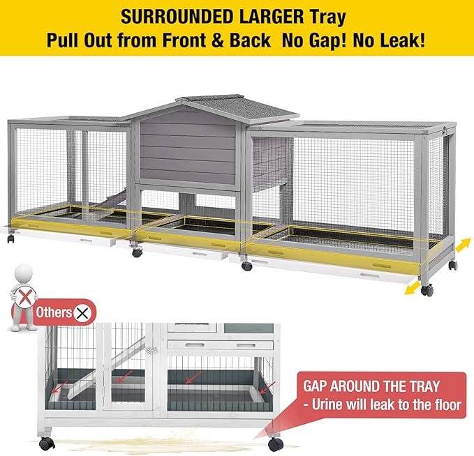 Aivituvin Rabbit Hutch 93.7" Large Rabbit Cage Indoor Outdoor Guinea Pig Cage Chicken Coop on Wheels Bunny Cage with 4 Deep No Leakage Pull Out Tray,Waterproof Roof-PurrikoPets