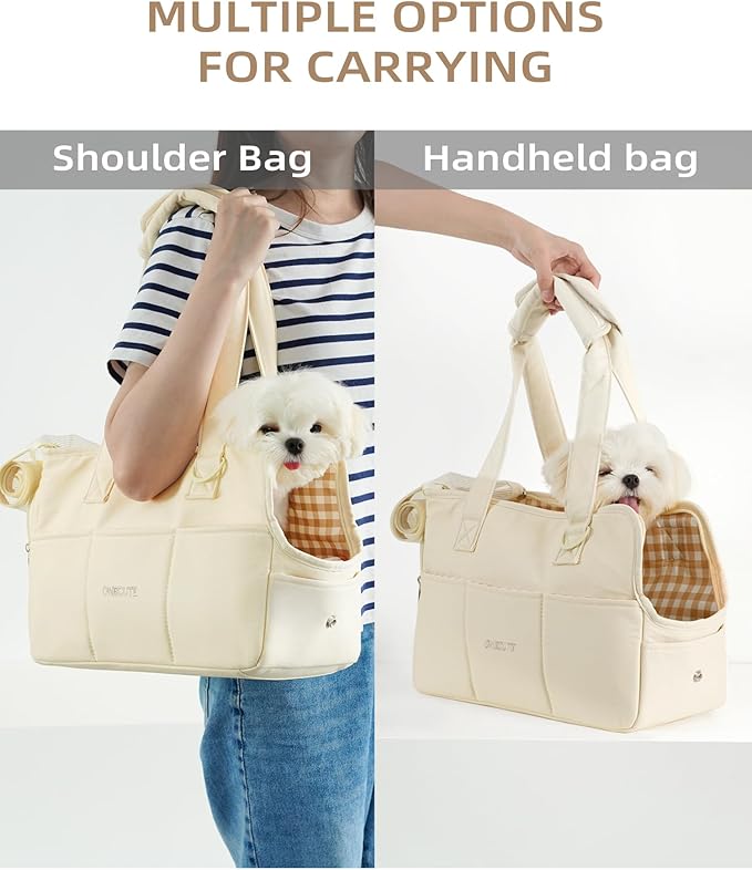 Dog Purse Carrier for Small Dogs Rabbit cat with Large Pockets, Cotton Bag, Dog Carrier Soft Sided, Collapsible Travel Puppy Carrier (Beige, 13.6" L x 6.5" W x 10" H)-PurrikoPets