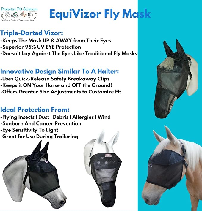 EquiVizor 95% UV Eye Protection (COB) Standard Horse Fly Mask - Help with Uveitis, Corneal Ulcer, Light Sensitivity. Designed to Stay On Your Horse, Off The Ground.-PurrikoPets