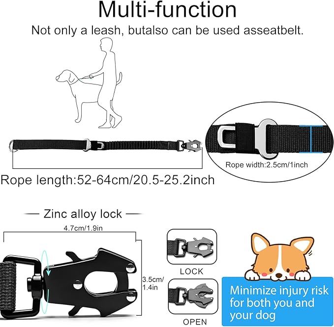 20” Strong Short Leash for Dog, Heavy Duty Bungee Dogs Leash with Padded Handle Car Seatbelt, Small Dog Training Leashs for Large or Medium Dogs - Can be Used with Other leashes (Black)-PurrikoPets