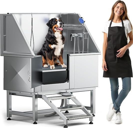 DWVO Professional Pet Dog Bathing Station for Grooming, 50'' Dog Grooming Bathtub with Left Stairs, Floor Grate, Faucet, Showerhead & Soap Holder for Large, Medium & Small Pets-PurrikoPets