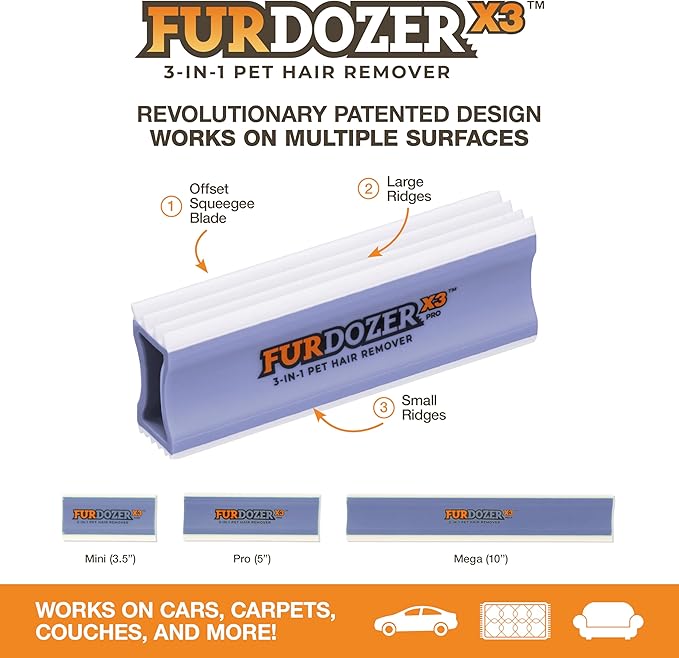 FurDozer X3 PRO Pet Hair Remover & Auto Detailing Tool - Cat & Dog Hair Remover for Carpet, Cars, Couch, Bedding, & Furniture - Reusable Pet Hair Removal Tool for Fur & Lint, 5" (Purple, 2-Pack)-PurrikoPets