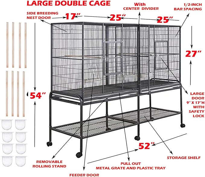 54" Large Double Birdhouse Breeder Bird Flight Cage with Center Divider Side Breeding Nest Doors Removable Rolling Stand (51" Length x 17" Depth x 54" Height, White Vein)-PurrikoPets