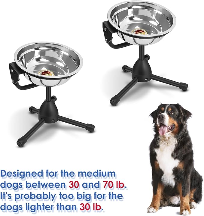 2 Pack Elevated Bowls With Adjustable Metal Stand, Medium Size for Dogs 30-70 lbs, 0.5 Gal 2 Liter, Stainless Steel Food Water Bowl, Height Adjustable Non-Slip Raised Set-PurrikoPets