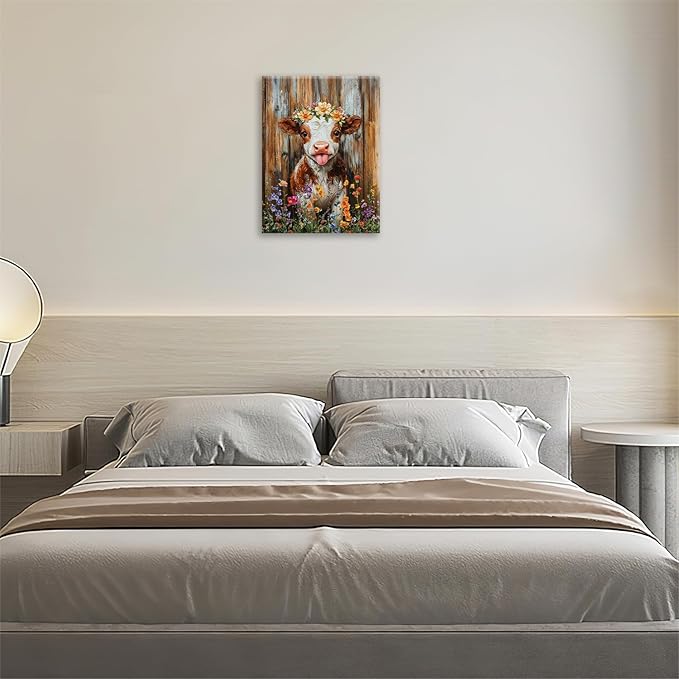 Funny Cow Bathroom Pictures Wall Art, Rustic Brown Cute Cow Bathroom Wall Decor, Farmhouse Floral Framed Painting Animal Flower Canvas Artwork for Bedroom Living Room Decorations 20"L x 16"W-PurrikoPets