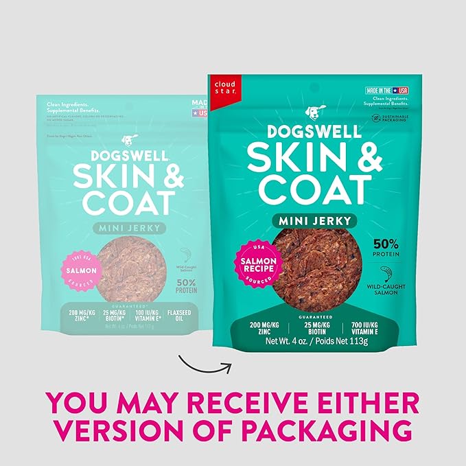 Dogswell Skin & Coat Mini Jerky Dog Treats, Salmon, 4 oz. Bag-PurrikoPets