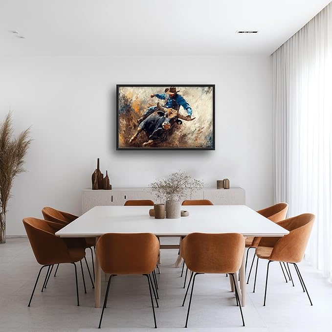 Framed Large Western Cowboy Wall Art, Oversized Rustic Cow Wall Decor for Living Room, Dusty Canvas Painting Pictures Vintage Artwork Home Decoration for Living Room Bedroom Office 36"x24"-PurrikoPets