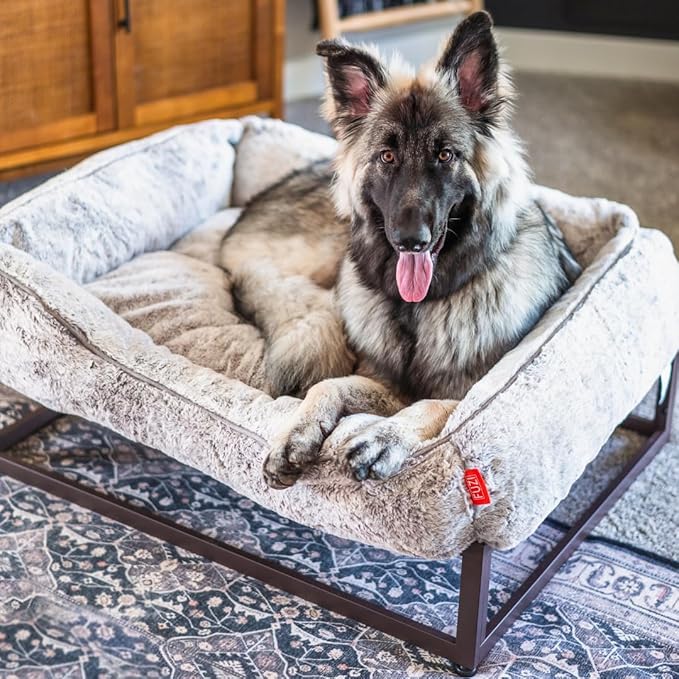 FUZI Luxury Aesthetic Dog Bed for Medium Dogs with Washable Cover, Pet Couch, Pet Bed with Sides, Non-Slip Bottom, Soft and Durable Calming Dog Bed, Faux Rabbit Fur, Medium 31.75x23.6x9.5 Light Grey-PurrikoPets