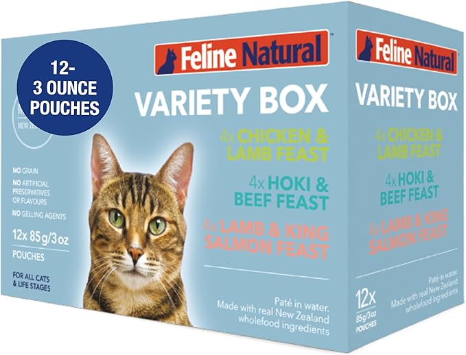 Feline Natural Wet Cat Food Variety Pack - Chicken, Lamb, Salmon & Beef Feast, Grain-Free, 3oz Pouches, New Zealand Made, Assorted Single Serve Pates (12 Pack)-PurrikoPets