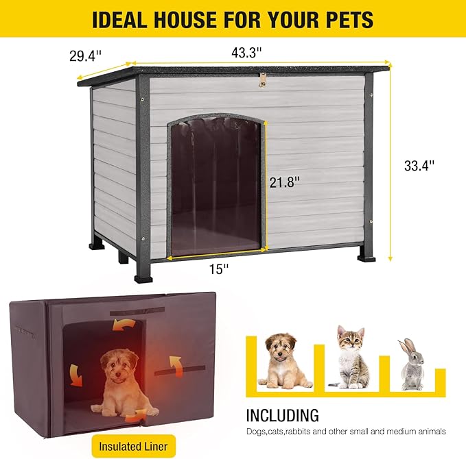 Aivituvin Dog House Outdoor with Insulated Liner, Weatherproof Dog House for Winter, Suitable for Small & Medium & Large Dogs with Unique All-Around Iron Frame(Off-White)-PurrikoPets