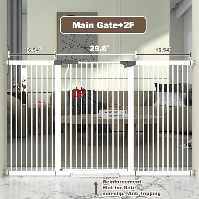 41" Extra Tall and Wide Baby Gate, 63-65.7'' Wide Pet Cat Gate for Doorway, Extra Wide Pressure Mounted Child Door with Expansion Kit, Metal Safe Gate, Tall Dog Gate, White-PurrikoPets