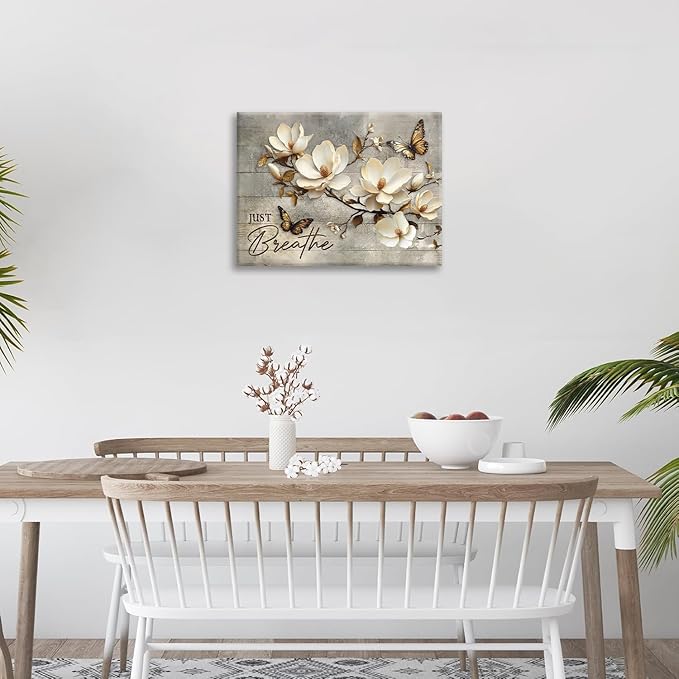 Floral Magnolia Bathroom Pictures Wall Art, Just Breathe Bathroom Wall Decor, Flower Butterfly Framed Painting Canvas Artwork for Bedroom Living Room Decorations 16"L x 12"W-PurrikoPets