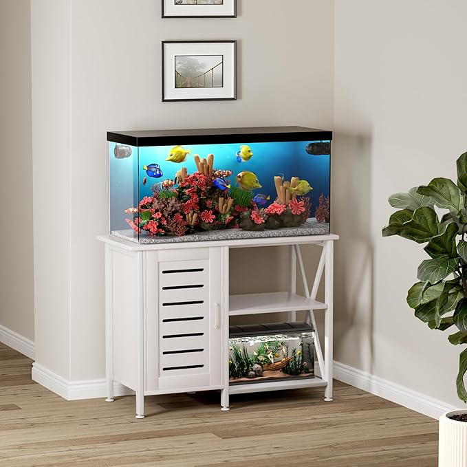 40-50 Gallon Fish Tank Stand, Aquarium Stand with Cabinet Accessories Storage, Heavy Duty Metal Frame, 40.55" L*18.89" W Tabletop, 850LBS Capacity, White PG02YGW-PurrikoPets