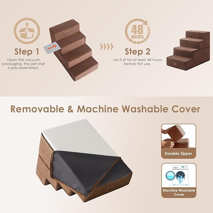 EHEYCIGA Dog Stairs for Bed 18" H, 4-Step Dog Steps for High Bed, Pet Steps for Small Dogs and Cats, Non-Slip Balanced Pet Indoor Ramp, Brown-PurrikoPets