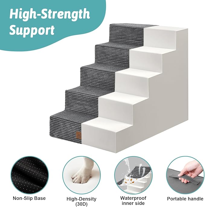 Dog Stairs for Small Dogs, 5 Tier Wider Pet Stairs for High Beds, 23.6" H Non-Slip Dog Steps for Old Cats, Puppies, Small Medium Dogs, 29.5x19.7x23.6 inch, Dark Grey-PurrikoPets