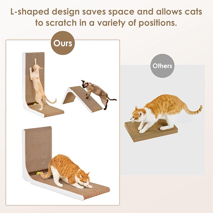 EHEYCIGA Cardboard Cat Scratcher for Indoor Kitten Cats, 19 Inch L Shaped Vertical Cat Scratching Board with Ball Cat Toy, Small Cat Scratcher Pad, White-PurrikoPets