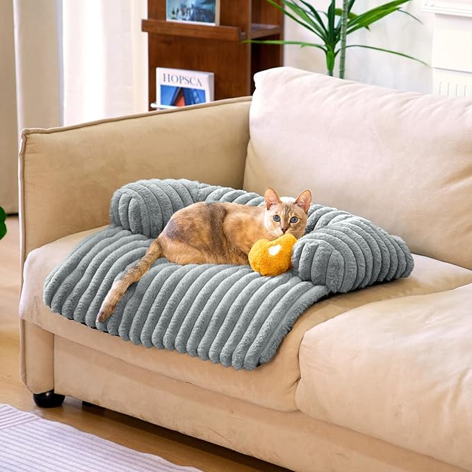 FUNNY FUZZY Pet Couch Cover for Sofa, Calming Dog Bed for Couch, Fluffy Plush Cat Bed Mat for Furniture Protector for Small Dogs and Kitten, 27×24 in, Mist Grey-PurrikoPets
