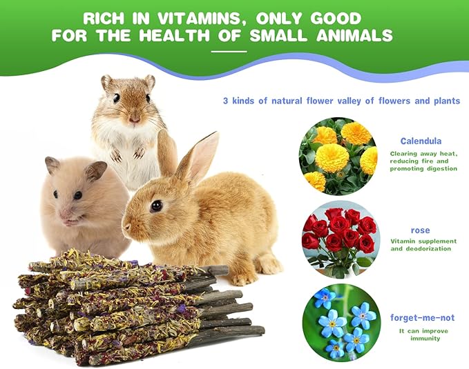 Abizoo Bunny Chew Toys for Rabbits,18PCS Natural Apple Wood Sticks with Petals Good for Chinchillas Guinea Pig Hamster Teeth Care, Bunny Small Pet Treats Teething Toys| Natural Organic Safe-PurrikoPets